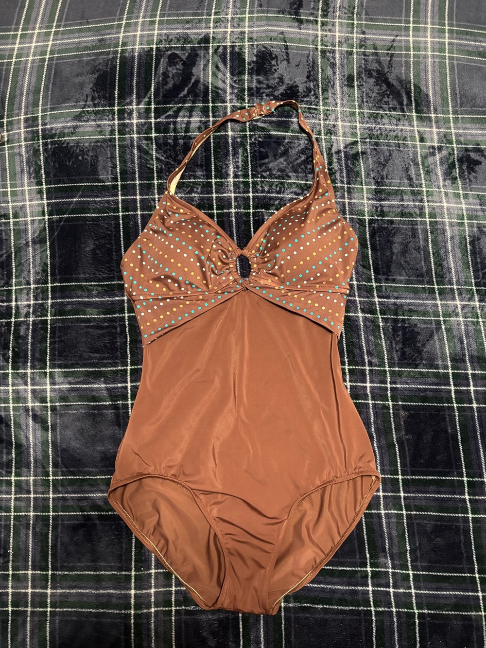 Y2K 2000s Brown Maxine one piece swimsuit with blue&gold polka dots. Size 12.